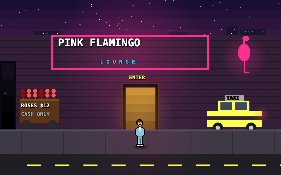 The Pink Flamingo Lounge at night: neon sign, a rose cart, a waiting taxi, and Pete in his baby-blue suit