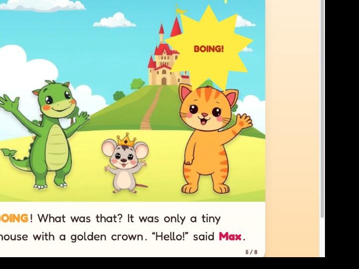 A storybook page: a green dragon and a crowned mouse in front of a castle, with the words BOING! in a yellow burst